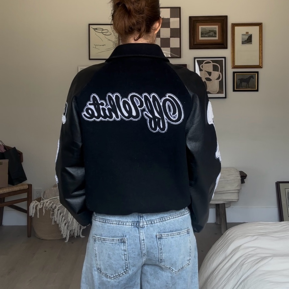 Off-White Black Bomber Jacket with Varsity Style